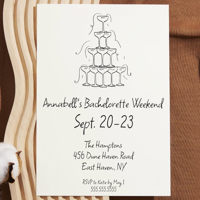 Invitación Fin de semana de la fiesta de la Bachelorette de l (hand drawn bachelorette party invitation black and white Champagne glass tower modern simple cute)