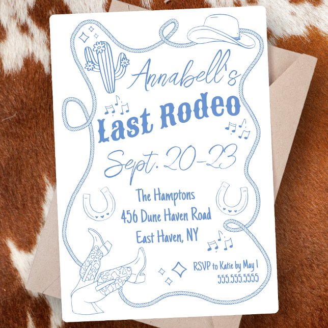 Invitación Fin de semana de la fiesta de la bachillerato de v ("Last rodeo" cowgirl bachelorette party invitation hand drawn cute cowboy boots weekend itinerary )