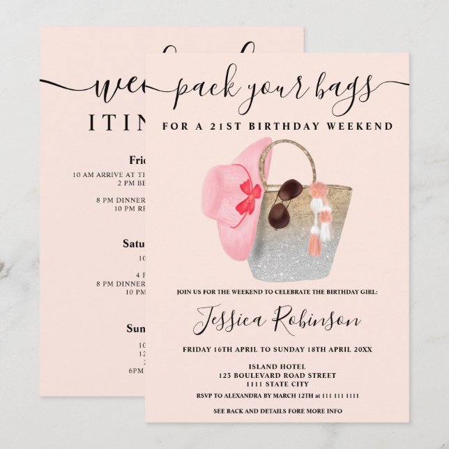 Invitación Fin de semana de purpurina rosa plateado de cumple (Anverso / Reverso)