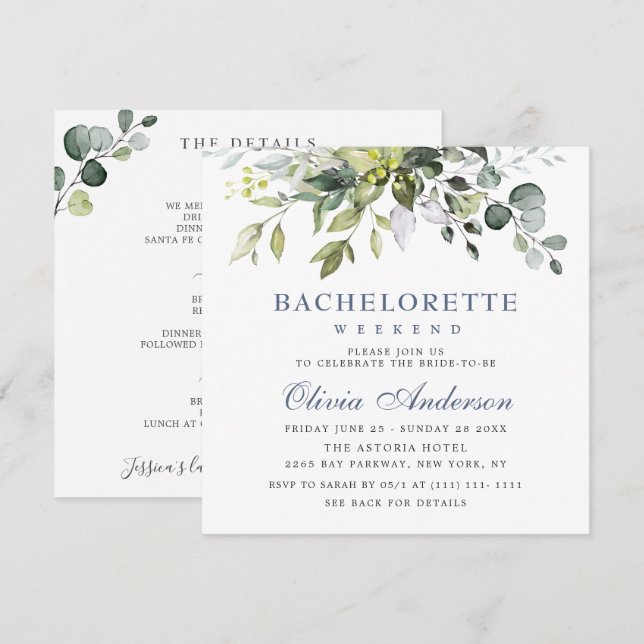 Invitación Fin de semana de soltera con elegantes verdes de e (Anverso / Reverso)