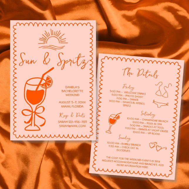 Invitación Fin de semana de soltera con mano de Sun y Spritz (Sun & Spritz Hand Drawn Bachelorette Weekend Invitation)
