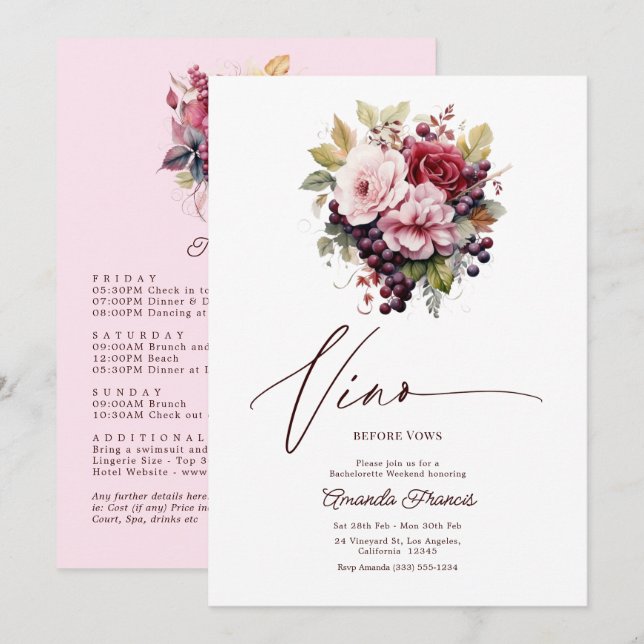 Invitación Fin de semana de soltera con vino floral antes de  (Anverso / Reverso)