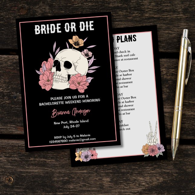Invitación fin de semana de soltera de cráneo negro para novi (Bride or die black skull skeleton bachelorette party weekend itinerary invitation template)