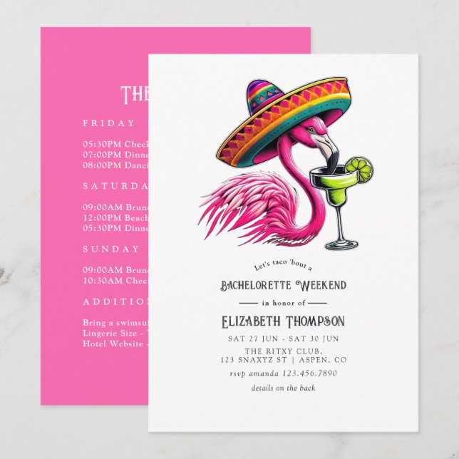 Invitación Fin de semana de soltera de flamenco de fiesta ros (Anverso / Reverso)