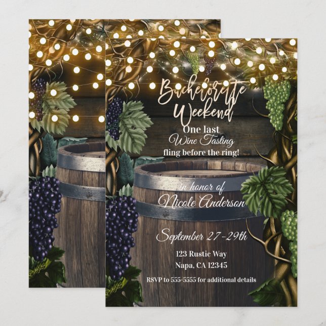 Invitación Fin de semana de soltera de uva de barril de mader (Anverso / Reverso)