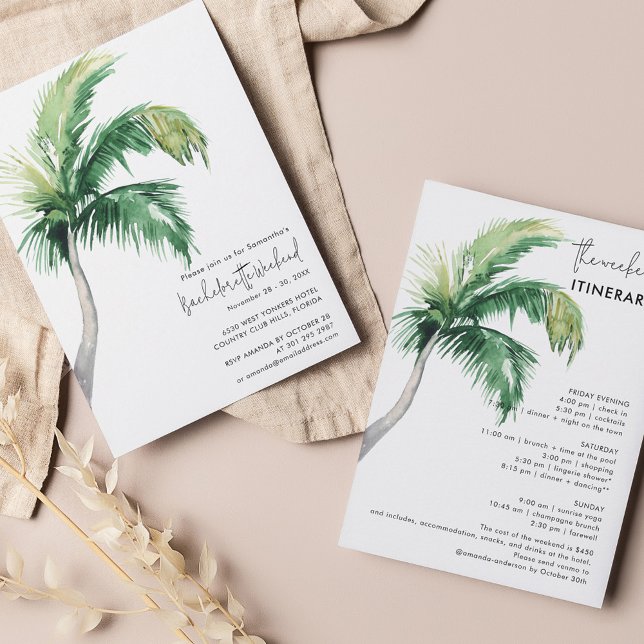 Invitación Fin de semana de soltera e Itinerario (Coastal Palm Tree Watercolor Bachelorette Party Invitation)