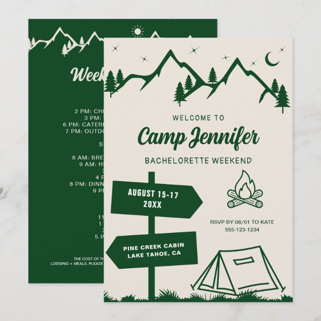 Invitación Fin de semana de soltera en el campamento dibujado (Anverso / Reverso)