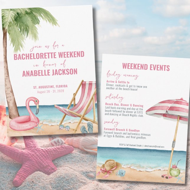Invitación Fin de semana de soltera en la playa de verano (Watercolor Beach Destination Bachelorette Weekend Invitation)