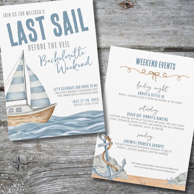 Invitación Fin de semana de soltera náutico (Last Sail Before The Veil Nautical Bachelorette Invitation)