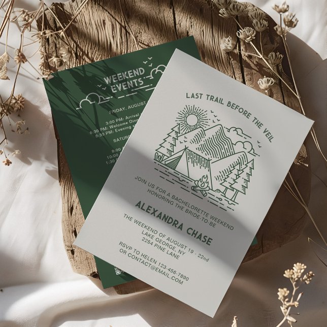 Invitación Fin de semana de verano de Bachelorette Itinerary  (Rustic Green Camp Bachelorette Itinerary Weekend Invitation)