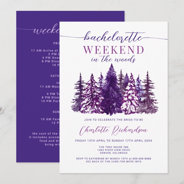 Invitación Fin De Semana En El Bosque Bachelorette Party Purp (Anverso / Reverso)