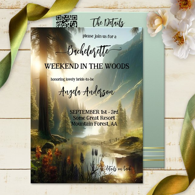Invitación Fin de semana en la Bachelorette Woods (A weekend in the woods bachelorette invitation featuring an enchanted forest in the mountains)