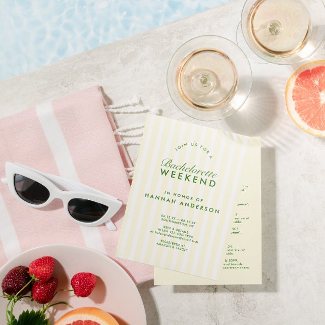 Invitación Fin de semana retro moderno de soltera verde y ama (Retro Modern Green & Yellow Bachelorette Weekend Invitation)
