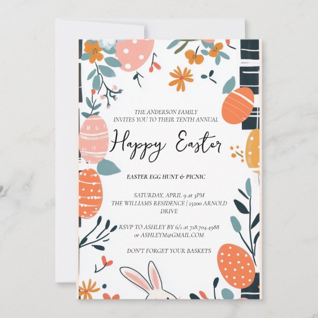 Invitación Fin simple Huevos elegantes y floral Feliz Pascua (Anverso)