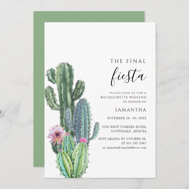 Invitación Final Fiesta Cactus Bachelorette Party (Anverso / Reverso)