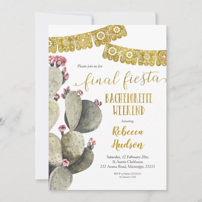 Invitación Final Fiesta Cactus Bachelorette Weekend (Anverso)