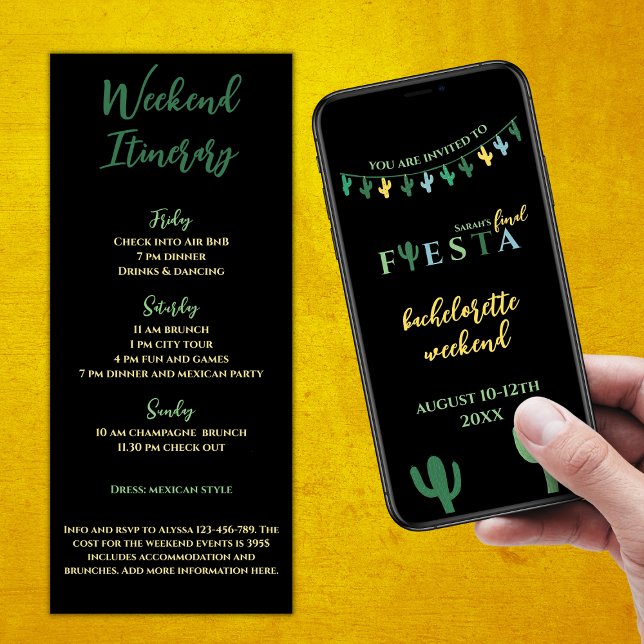 Invitación Final Fiesta Cactus Bachelorette Weekend Itinerari (Final Fiesta Mexican Bachelorette Weekend Itinerary Cactus Bachelorette Vibrant Green And Yellow)