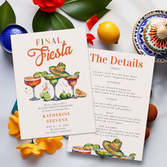 Invitación Final Fiesta Margaritas Bachelorette Weekend (final fiesta bachelorette bridesmaids weekend invitation itinerary margarita tequila colorful classy)