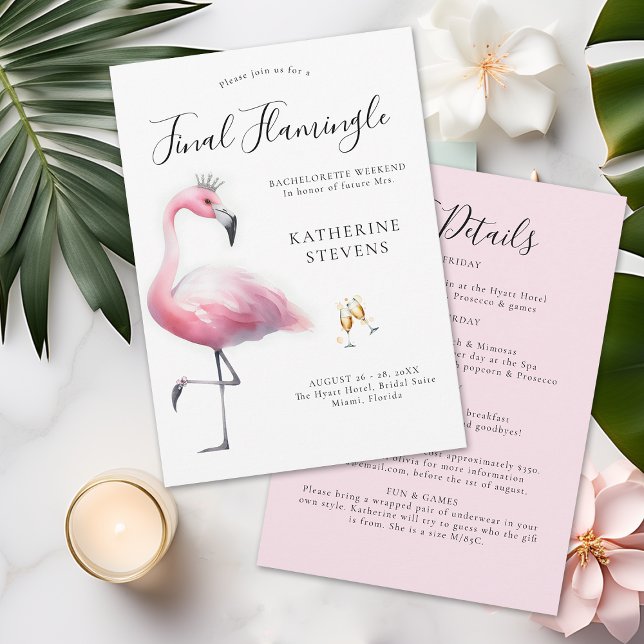 Invitación Final Flamingle Fun Bachelorette Party (final flamingle bachelorette party invitation itinerary invite tropical pink flamingo tiara fun cute)