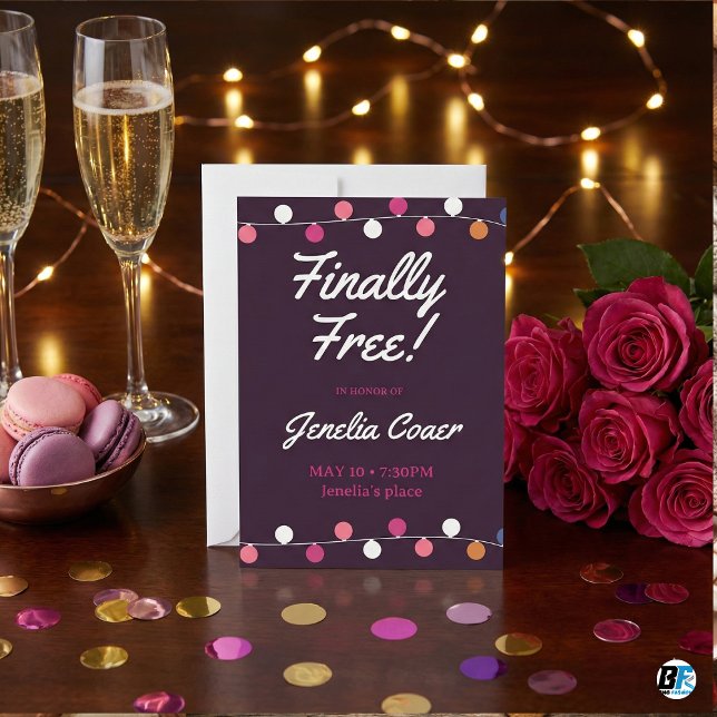Invitación Finally Free String Lights Purple Divorce Party (Subido por el creador)