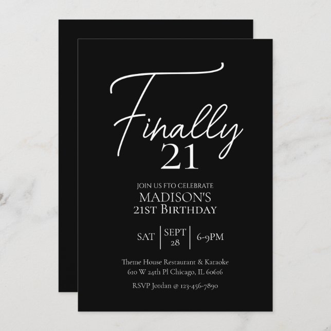 Invitación Finalmente 21 cumpleaños negro y blanco (Anverso / Reverso)