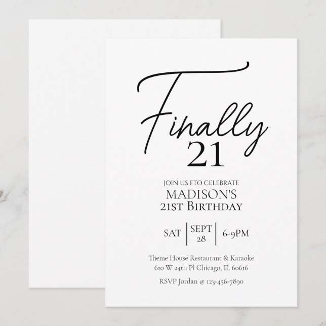 Invitación Finalmente 21 cumpleaños negro y blanco (Anverso / Reverso)