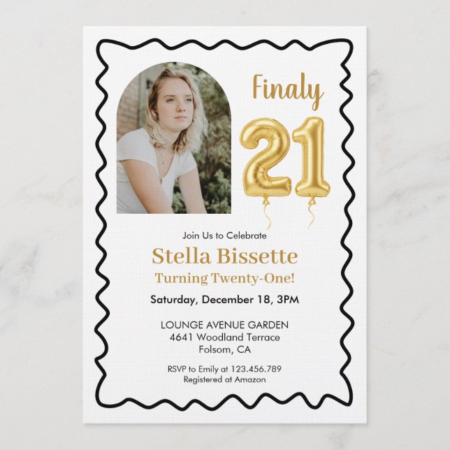 Invitación Finalmente 21 | Foto Cumpleaños Globo Dorado Moder (Anverso)
