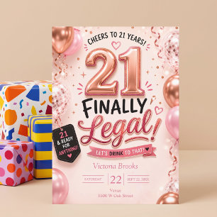 Invitación Finalmente Legal Cumpleaños 21 Rosado Dorado Rosa