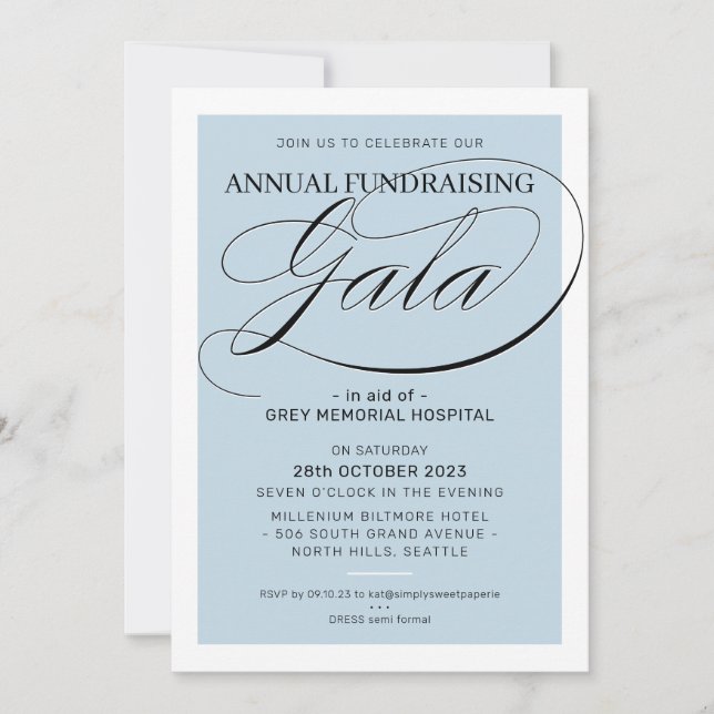 Invitación FINANCIACIÓN del evento GALA elegante azul claro (Anverso)