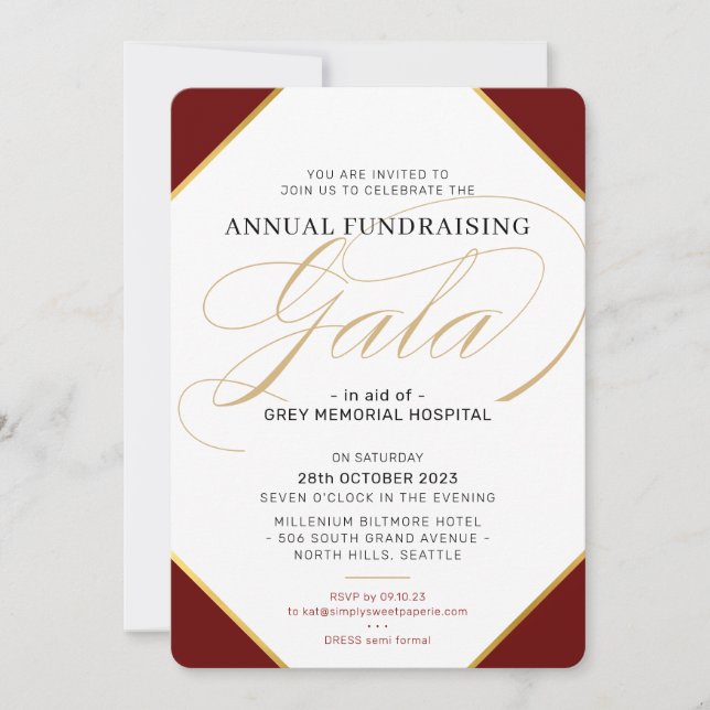 Invitación FINANCIACIÓN GALA BALL elegante evento oro burdeos (Anverso)
