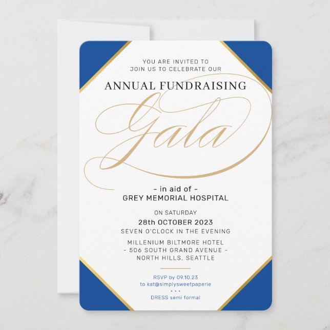 Invitación FINANCIACIÓN GALA elegante evento oro azul real (Anverso)