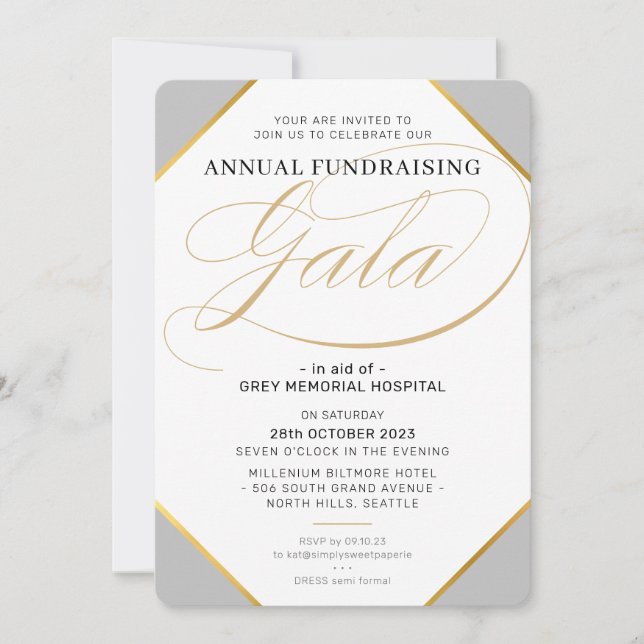 Invitación FINANCIACIÓN GALA elegante evento oro de plata gri (Anverso)