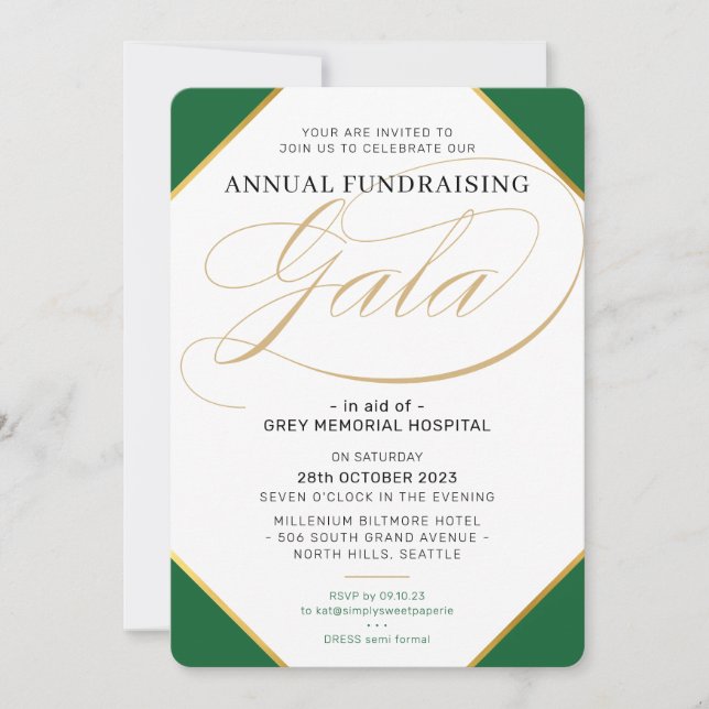 Invitación FINANCIACIÓN GALA elegante evento oro verde oscuro (Anverso)