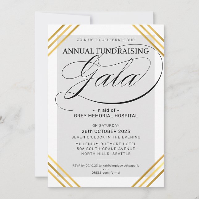 Invitación FINANCIACIÓN GALA evento de marco de oro elegante  (Anverso)