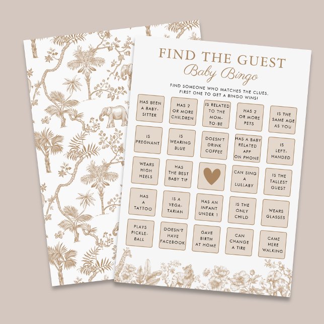 Invitación Find The Guest Baby Shower Safari Bingo Game Card (Find The Guest Baby Shower Safari Bingo Game Card)