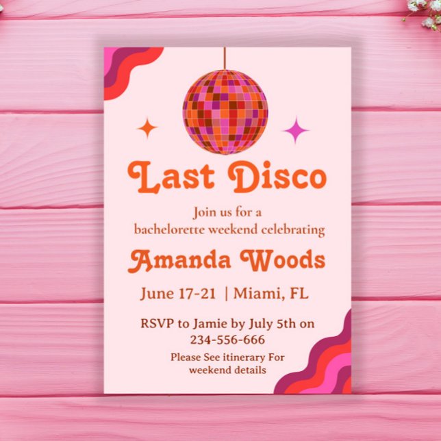Invitación Finde de soltera Retro Pink Orange Última disco  (Subido por el creador)
