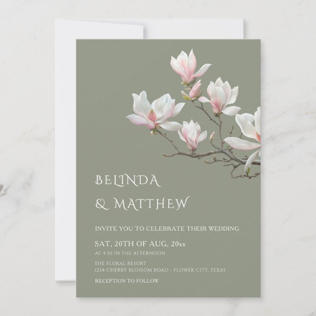 Invitación Fine Art Magnolia Casual Sage Green Wedding (Anverso)