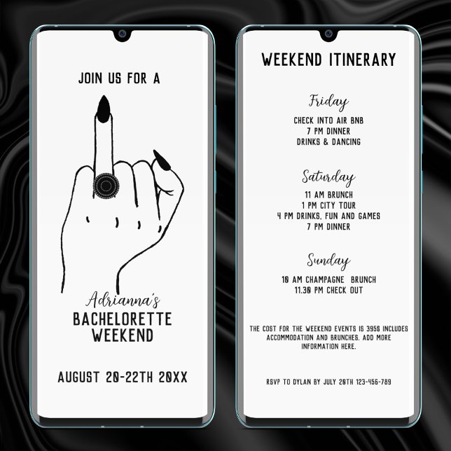 Invitación Finger de anillo divertida Bachelorette Weekend It (ring finger funny bachelorette party invitation weekend itinerary)