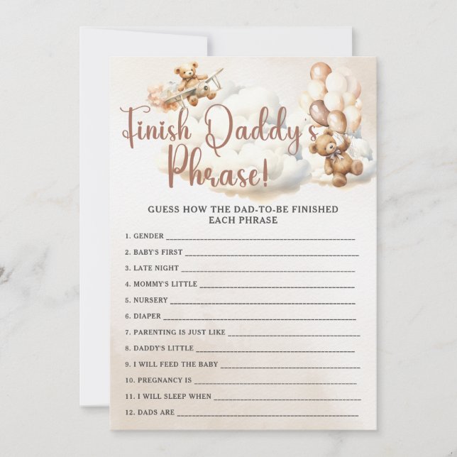 Invitación FINISH DADDY'S PHRASE Baby Shower Game Cute Bear (Anverso)