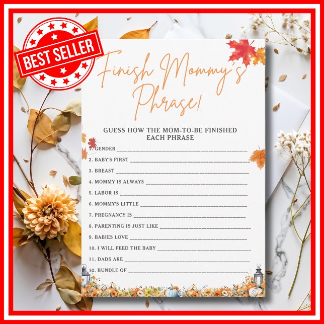 Invitación FINISH MOMMY'S PHRASE Baby Shower Game PUMPKIN (FINISH MOMMY'S PHRASE Easy Baby Shower Game A Little Pumpkin is on the Way Fall Autumn Theme)