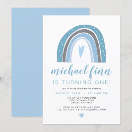 Invitación FINN | Dusty Blue Boho Rainbow Heart Boy Cumpleaño