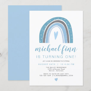 Invitación FINN   Dusty Blue Boho Rainbow Heart Boy Cumpleaño