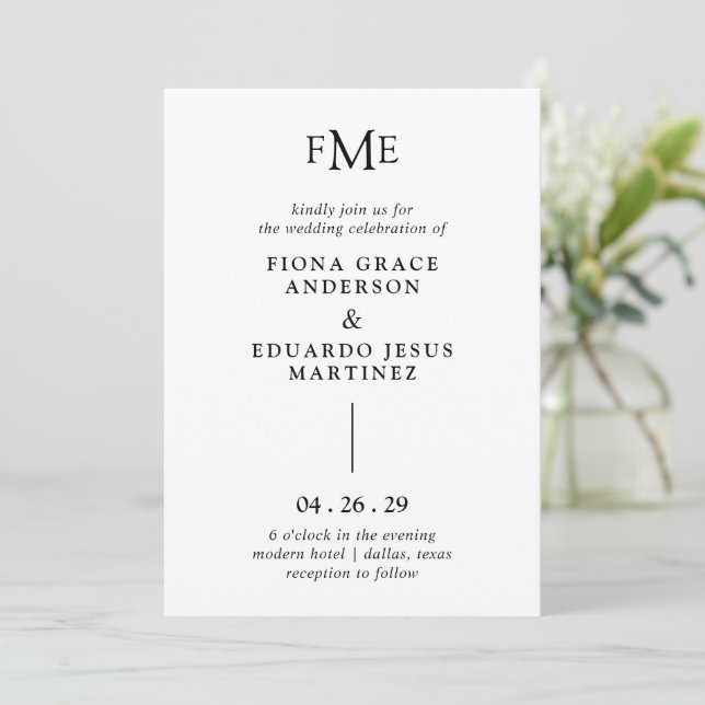 Invitación Fiona Negra y Negrita Negrita Monograma Boda moder (Anverso de pie)
