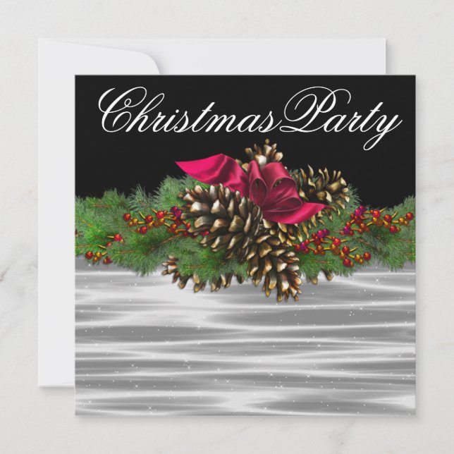 Invitación Fir Bough Pinecone Fiesta de Navidades blancos roj (Anverso)