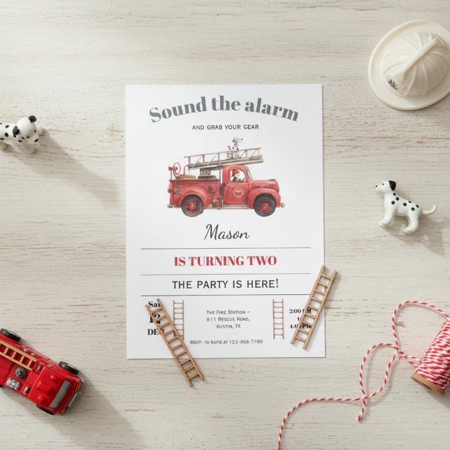 Invitación Fire Truck Birthday Invitation Sound the Alarm (Fire truck birthday invitation with red firefighter theme and sound the alarm design)