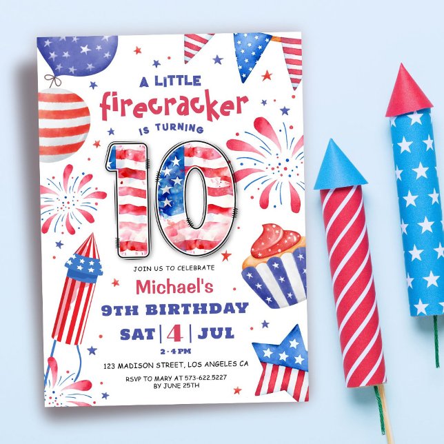 Invitación Firecracker 4 de Julio 10 de Cumpleaños Patriótico (Subido por el creador)