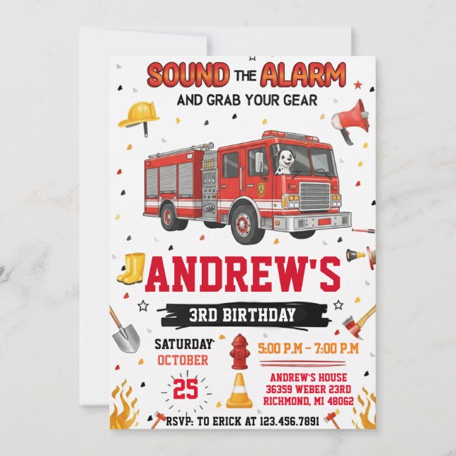 Invitación FireFigher truck Birthday with Custom image (Anverso)