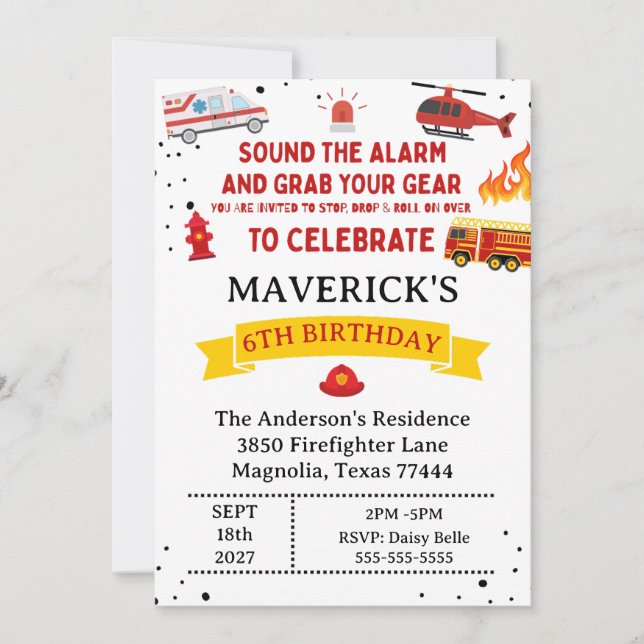 Invitación Firefighter Sound The Alarm Birthday (Anverso)