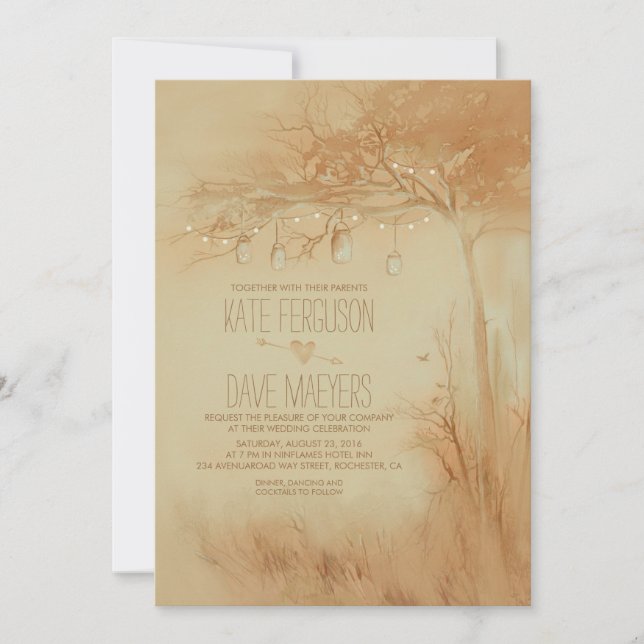 Invitación Fireflies Mason Jars Rustic Tree Wedding Invites (Anverso)
