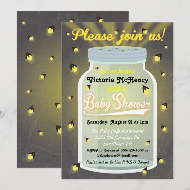 Invitación Firefly Chalkboard Mason Jar Baby Shower invita (Anverso / Reverso)